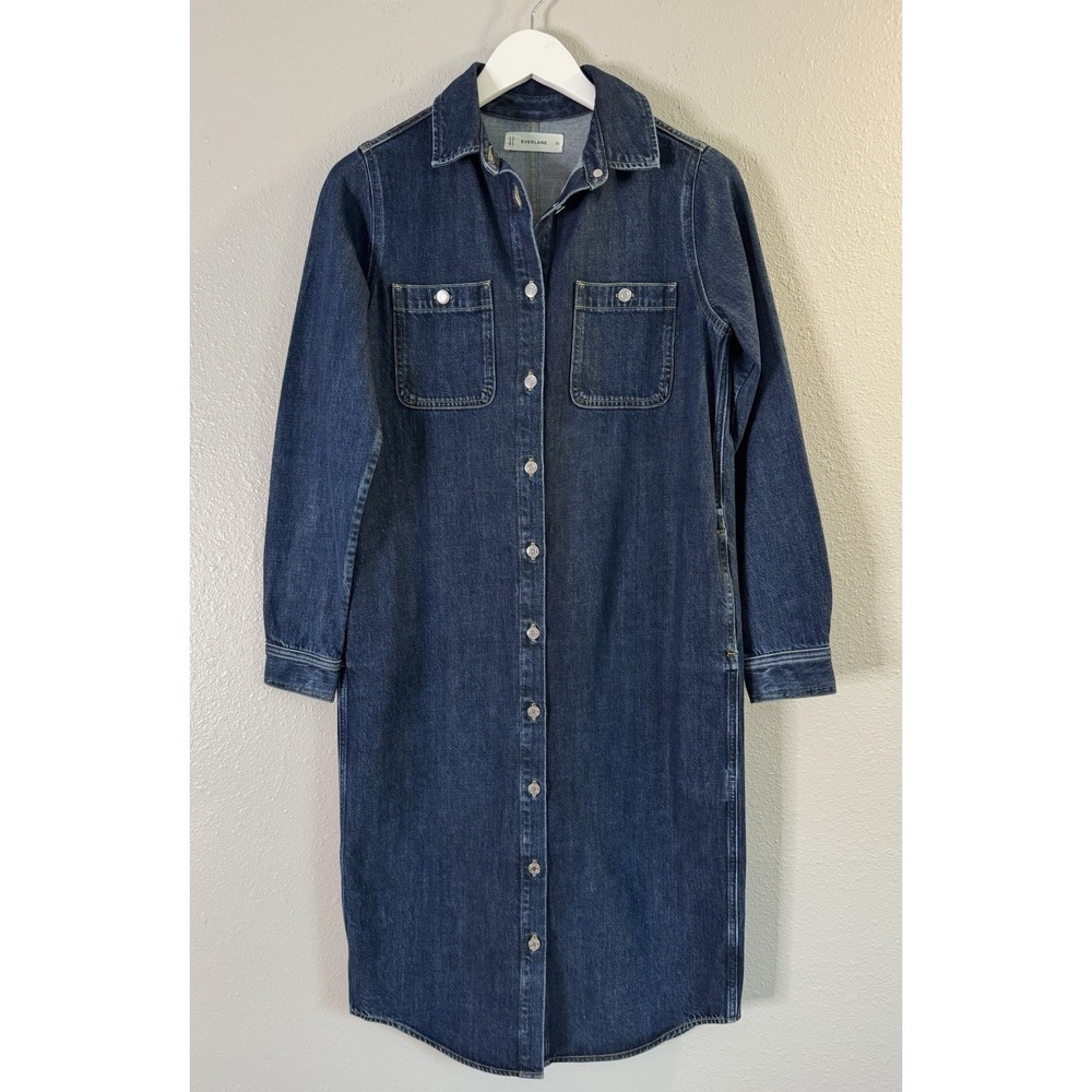 Everlane Denim Midi Shirt Dress Organic Cotton Tencel Button Front Pockets XS